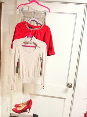 4 pc Red Embellished top/long sleeve top/Suede Red Heels/sweater skirt